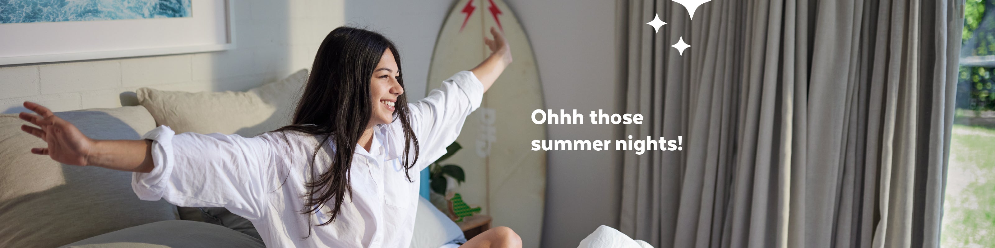 Beach inspired bedroom with 'Ohhh those summer nights!' text