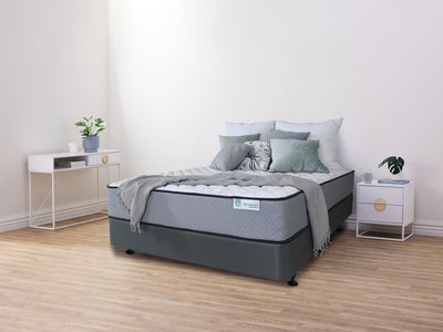 BedsRus Wonderest Sleep Easy bed, ash-colour base, cushion-firm feel mattress, angled lifestyle view, large